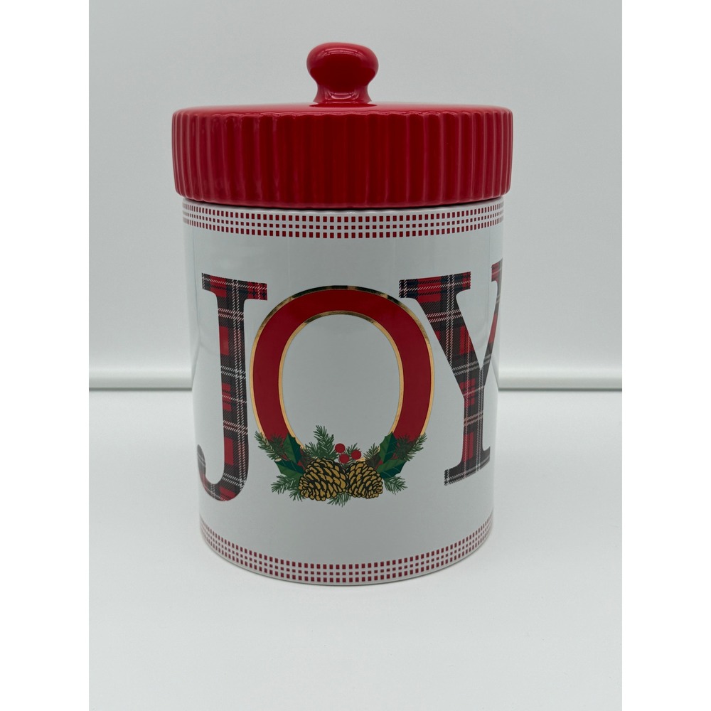 SCM Home Joy Christmas Stoneware Cookie Jar Red Plaid Holiday Canister Lid